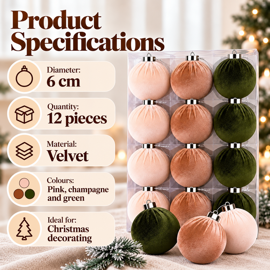 Fluwelen Kerstbal Versieringen 6cm – 12-Delige Elegante Set | Veloura Seasons™