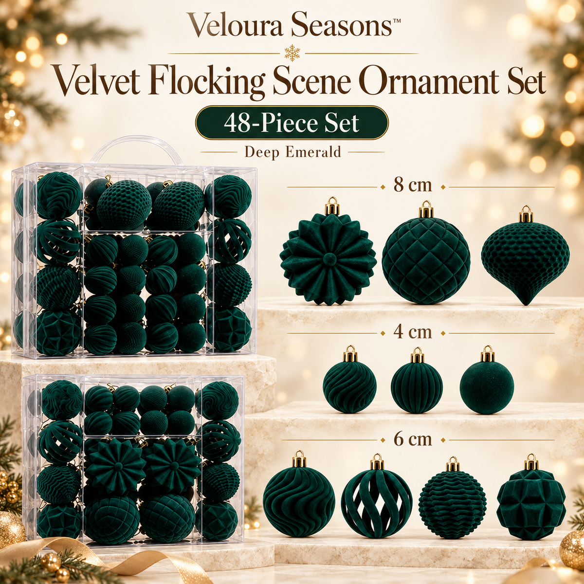 Fluwelen Kerstbal Versieringen – 48-Delige Luxe Kerstballenset | Veloura Seasons™