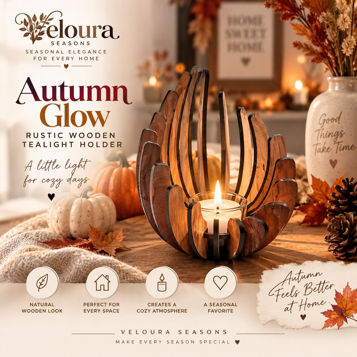 Rustic Wooden Tealight Holder – Autumn Glow