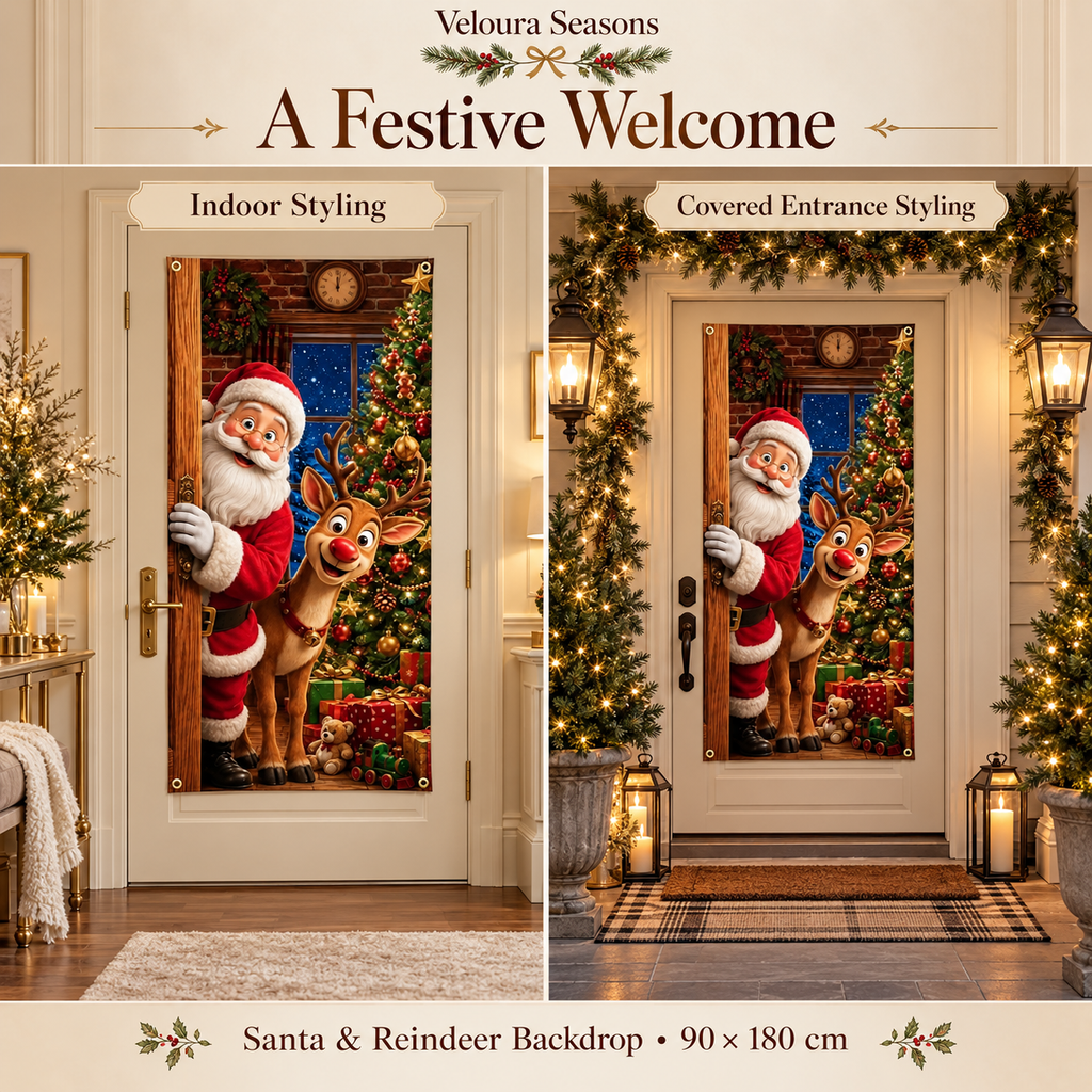 Christmas Door Banner – Santa & Reindeer Holiday Curtain | Veloura Seasons™