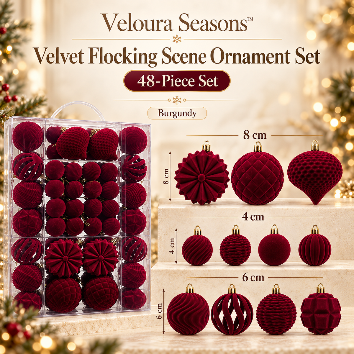 Fluwelen Kerstbal Versieringen – 48-Delige Luxe Kerstballenset | Veloura Seasons™