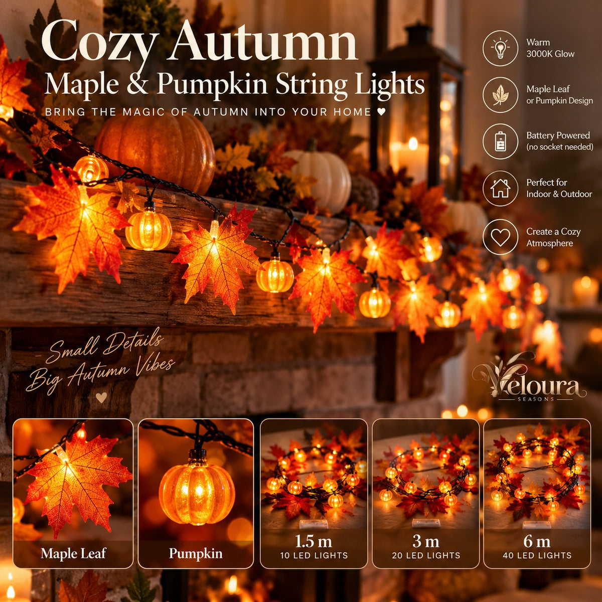 Cozy Autumn Maple & Pumpkin String Lights