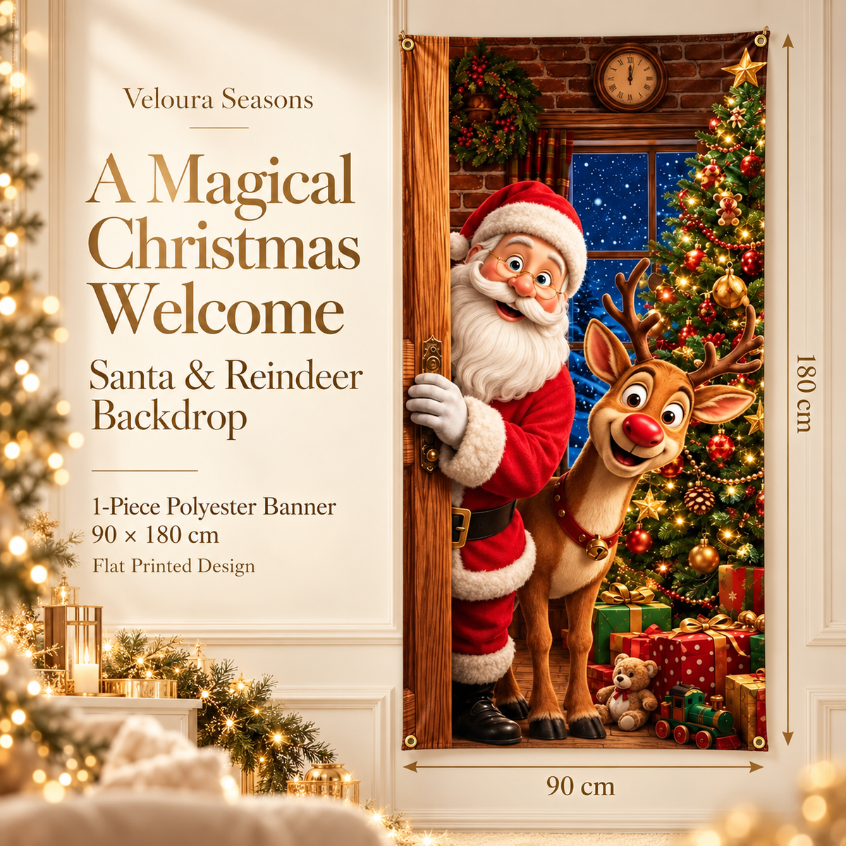 Kerst Deurbanner – Kerstman & Rendier Feestgordijn | Veloura Seasons™