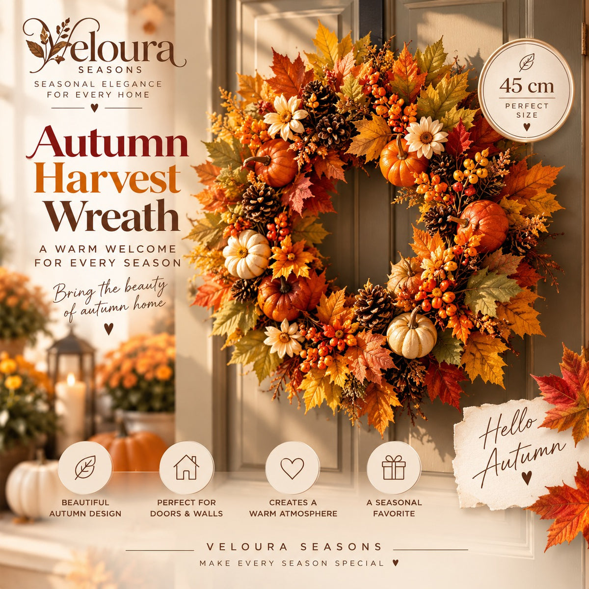 Elegant Autumn Harvest Wreath – 45 cm